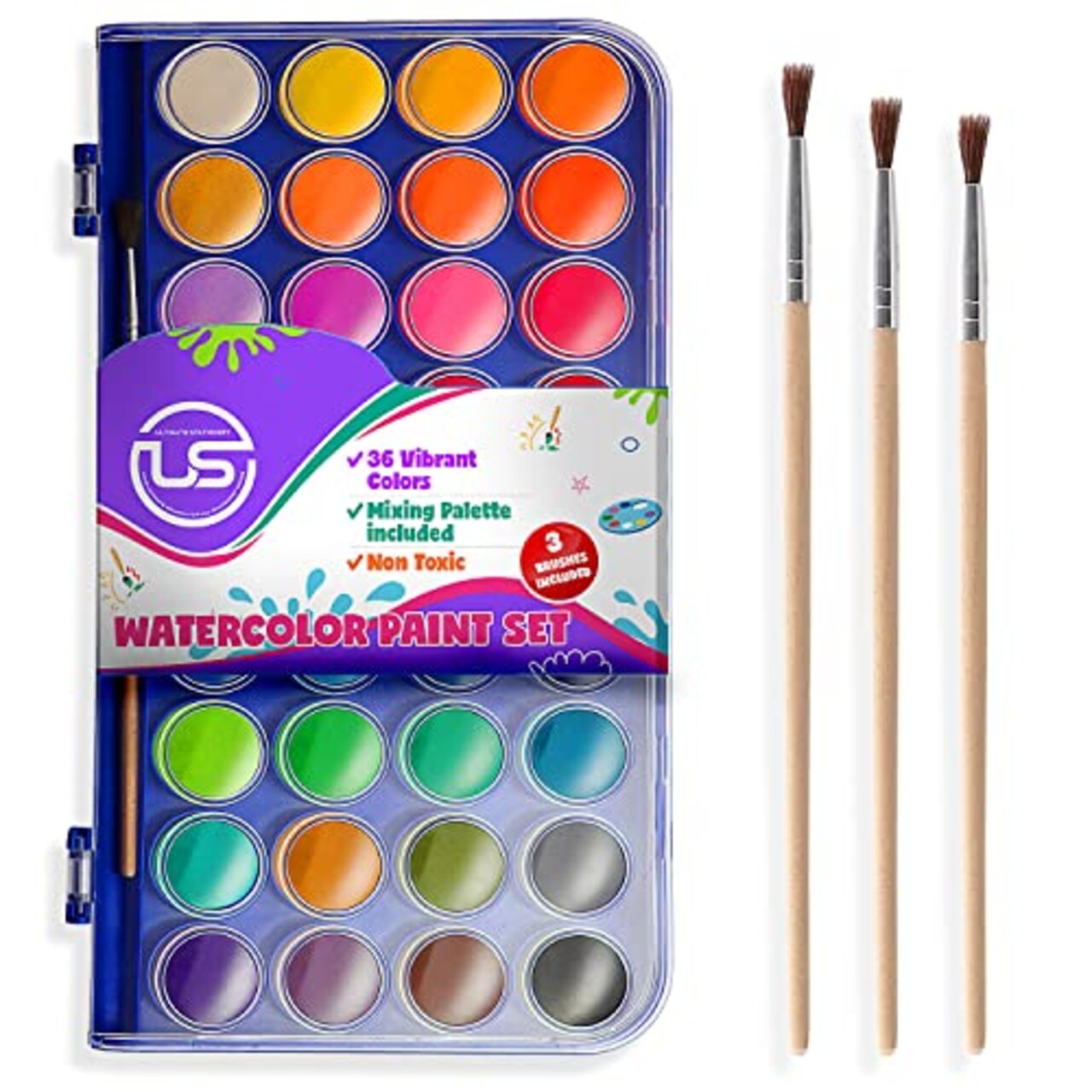 Watercolor Paint Set, 36 Colors of Washable Watercolor Paint Includes  Watercolor Palette and 3 Paint Brushes. Great Water Color kids paint